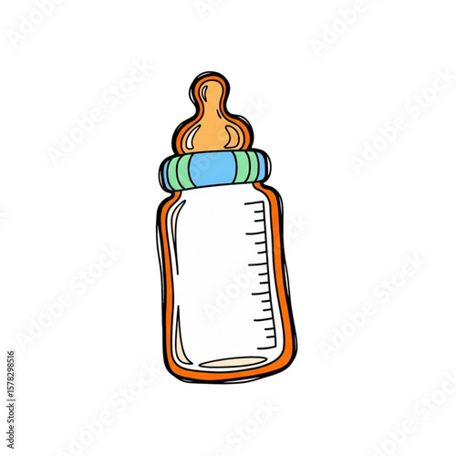 Illustration of a baby bottle with a nipple, cap, and measurement markings, outlined in orange.