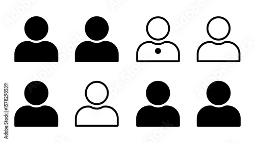 Vector art of a collection of simple black and white user avatar icons for profiles, isolated on white background
