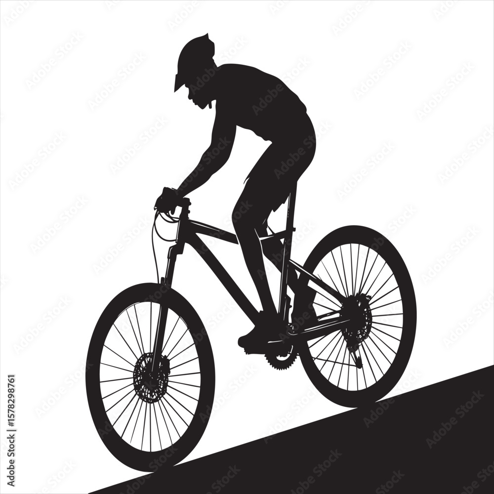 Fototapeta premium Mountain Biker Silhouette Climbing Hill - Cycling Sport Vector