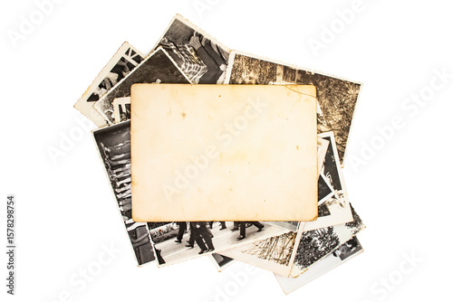 Stack old photos with blank copy space , isolated on white background. abstract textured backdrop, invitation mockup