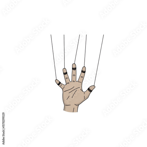 A stylized hand, manipulated by unseen strings, suggesting control and influence.