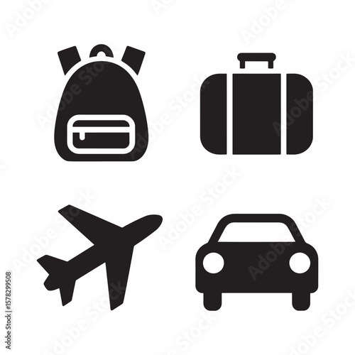 Four travel icons including a backpack suitcase airplane and car silhouette isolated on white background