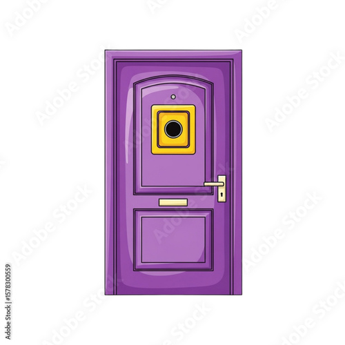 A vibrant purple door with a peephole and gold accents, isolated on white.