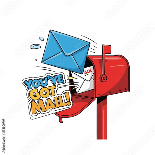 Cartoon illustration of a red mailbox overflowing with letters, and a "You've Got Mail!" speech bubble.