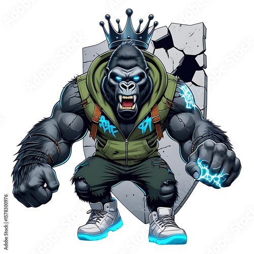 A powerful, anthropomorphic gorilla king with glowing eyes, wearing a crown and street clothing, ready for action.