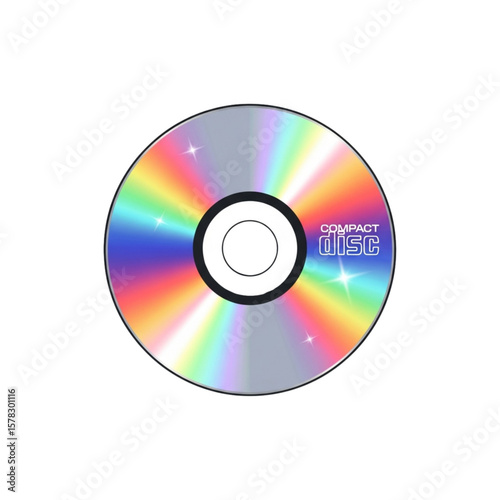 Colorful, iridescent compact disc, showing rainbow spectrum, against white background.