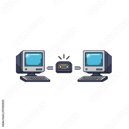Retro computers connected via a small network device, illustrating early data transfer.