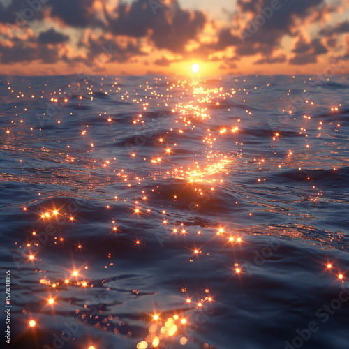Magical Sunset Reflections. Glowing ocean waves illuminated by warm golden light and sparkling highlights under a dramatic sunset sky. Perfect for travel, relaxation, and inspirational backgrounds.