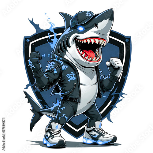Cartoon shark mascot wearing a jacket and hat, smiling with fists raised, standing proudly.