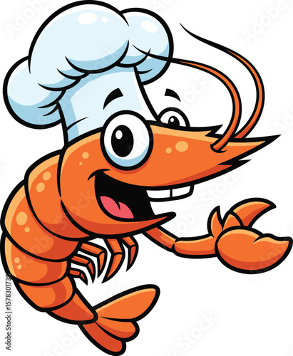 Funny cartoon shrimp chef character smiling and waving, wearing white chef hat, seafood mascot illustration, seafood logo vector design