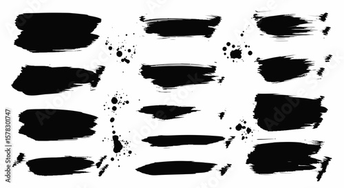 Artistic black brush strokes and splatter effects create a textured design