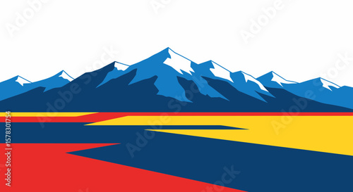 Colorado mountain landscape design with flat minimalist style and vibrant colors