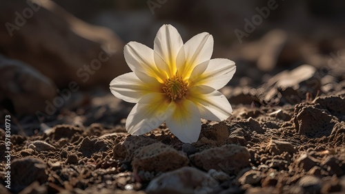 Single White and Yellow Flower Blooming in Dry Soil with Harsh Light and Rocky Background