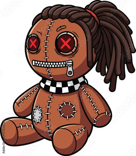 Creepy voodoo doll character with dreadlocks, stitched body, red button eyes, dark cartoon horror mascot illustration, Halloween design element