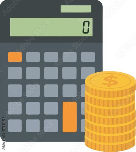 Calculator with a stack of golden coins displaying a zero value.