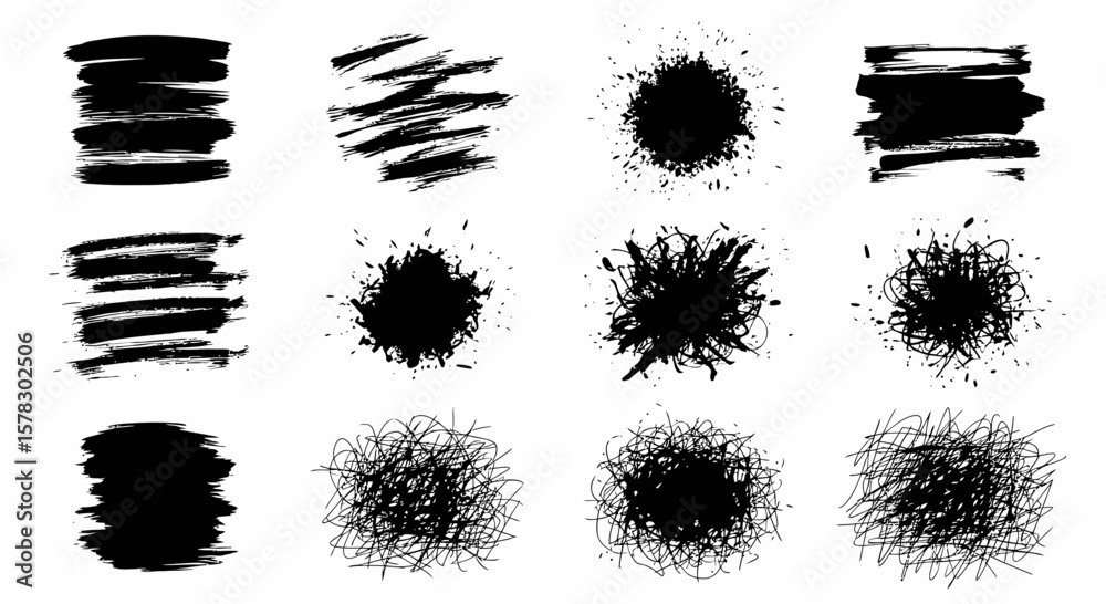 Grunge elements set features brush strokes and splatters for artistic design