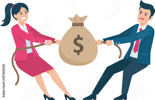 Businesswoman and businessman fiercely compete, pulling a large money bag in a tug-of-war.