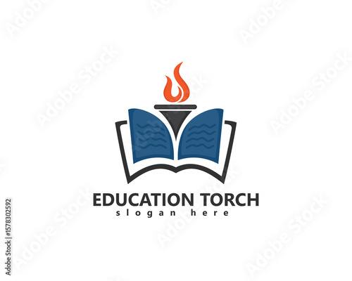 creative torch education logo, the torch is in the middle of an open book logo design inspiration
