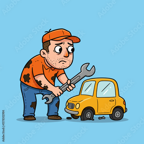 Cartoon mechanic in orange fixing a yellow car missing a wheel, on a blue background.