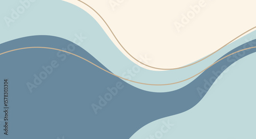 Abstract flowing wave design in various shades of blue with golden lines