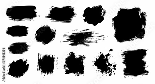 Collection of various textured black paint brush strokes for artistic design
