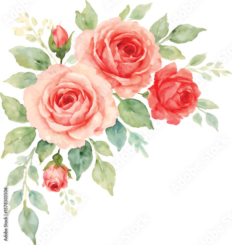 Rose Flower Corner in Watercolor – Elegant Floral Border Illustration for Wedding Invitation, Greeting Card, and Decorative Design