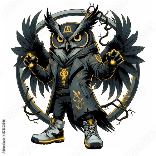 A stylized owl character with a coat and boots, standing confidently with raised fists, framed by a circular design.