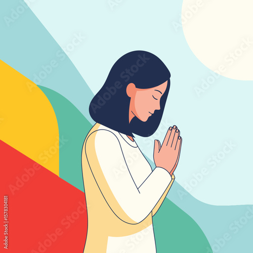 Woman in prayer with halo on abstract colorful background illustration