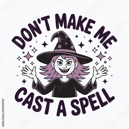 Adorable cartoon witch character threatening to cast a spell with a spooky halloween design and typography