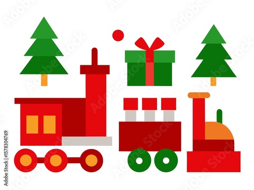 Photo of a christmas train with gifts and trees on white background