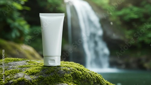 White tube product on mossy rock against waterfall