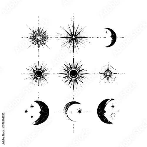 Celestial arrangement featuring suns, moons, and stars in a stylized black and white design set on white