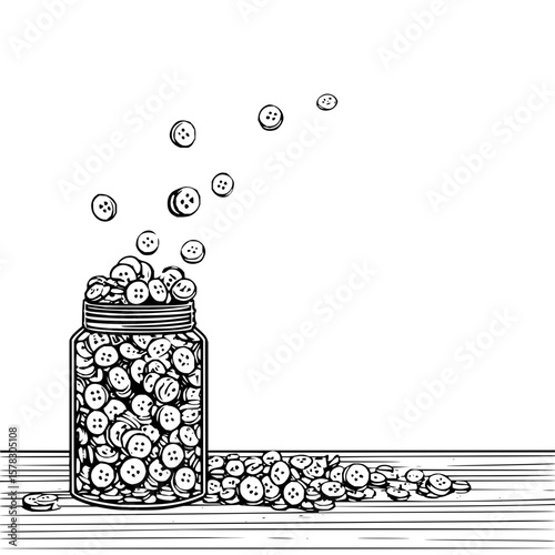 Illustration of a mason jar filled with buttons and buttons scattered on a wooden surface in black and white