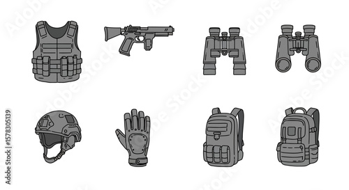Collection of Gray Tactical Gear: Bulletproof Vest, Handgun, Binoculars, Helmet, Gloves, Backpacks