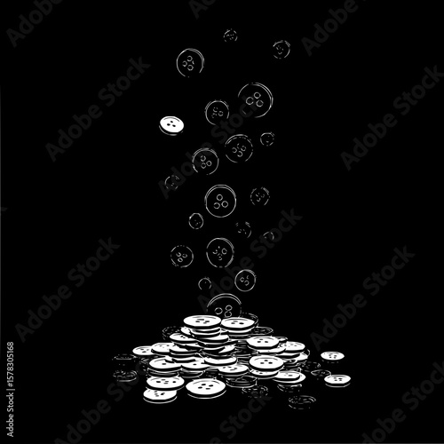 A monochrome illustration of falling buttons piling up on a black background in a simple design