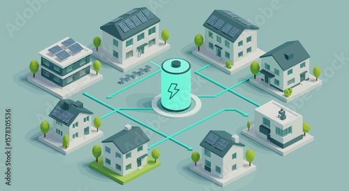 Isometric Illustration of Residential Homes Connected to a Centralized Energy Storage Battery with Solar Panels