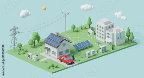 Isometric Illustration of Sustainable Energy System with Solar Panels, EV Charging Station, and Residential Buildings