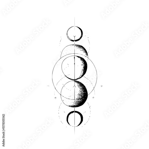 Stylized moon phases illustration with geometric circles and vertical line in black and white art