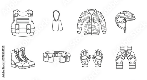 Military Equipment Set: Vest, Jacket, Helmet, Boots, Belt, Gloves, and Binoculars in Outline Style