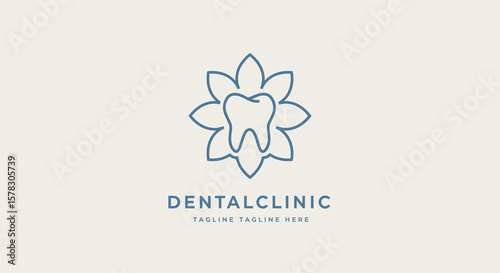 Minimalist Dental Clinic Logo Design with Tooth and Flower Icon in Blue