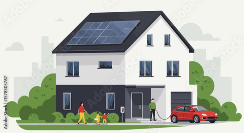 Modern Two-Story House with Solar Panels and Red Electric Car Charging
