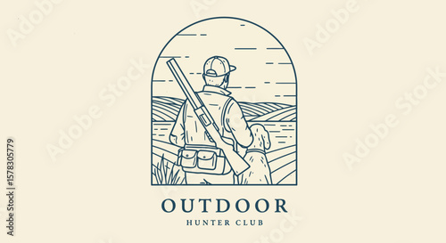 Retro Line Art Hunter with Dog in Fields,  Outdoor Scene, Vintage Style