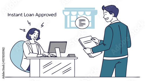 Happy woman receives instant loan approval at desk with man holding documents isolated on white background