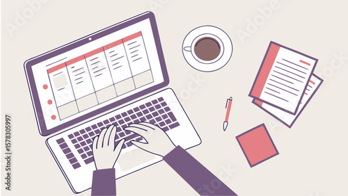 Person typing on a laptop with coffee and papers on a desk isolated on white background