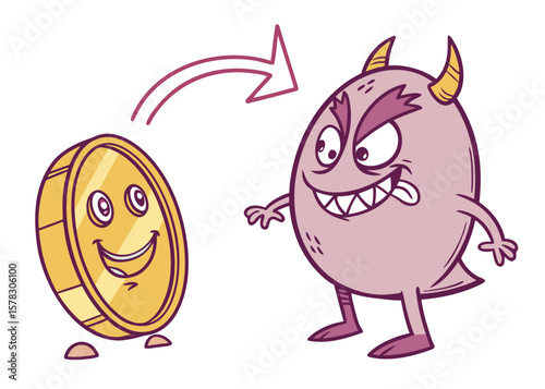 Happy coin character being targeted by a mischievous monster isolated on white background