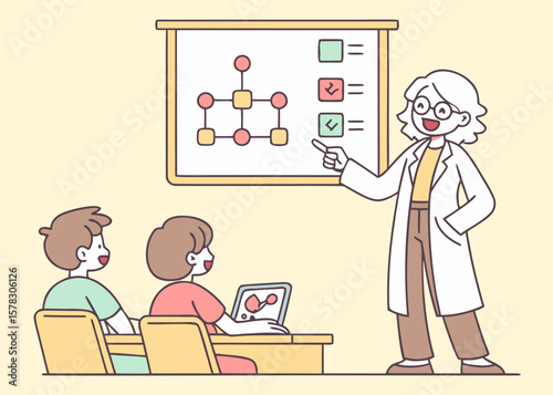 Teacher in lab coat explaining flowchart on whiteboard to students isolated on white background