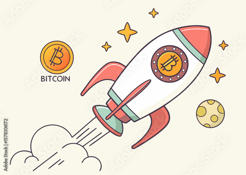 Bitcoin rocket launching into space with stars and moon isolated on white background