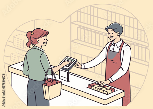 Customer pays at the checkout counter with a cashier in a store isolated on white background