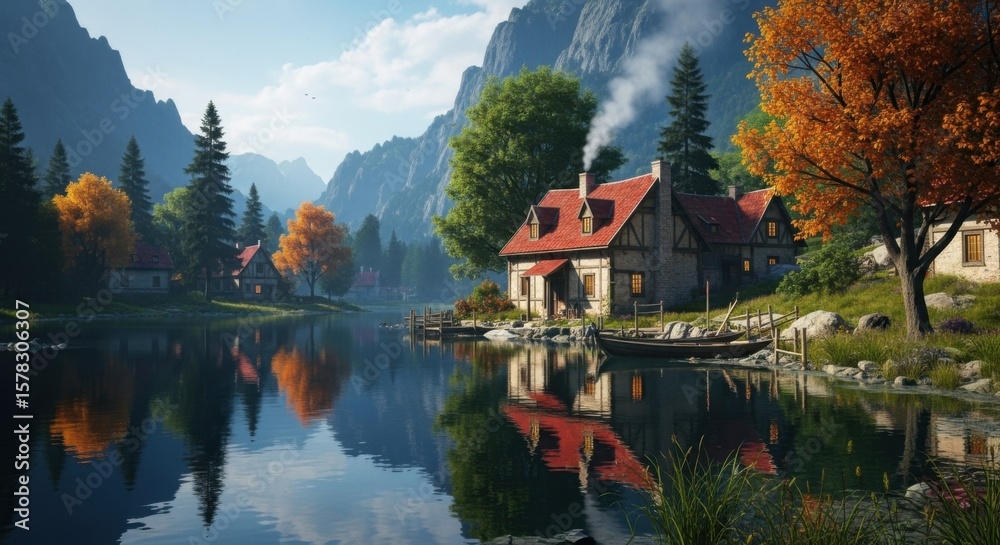 Fototapeta premium Serene Lakeside Village in Autumn Mountains