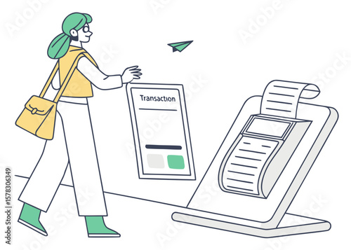 Woman interacting with a transaction kiosk and receipt printer isolated on white background